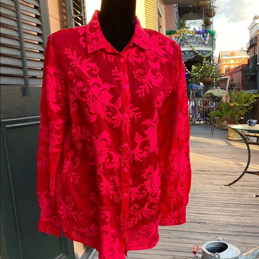 Vibrant Red Floral Button-Up Blouse
